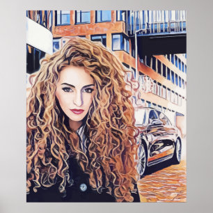 Red Head Woman in City abstract art Poster