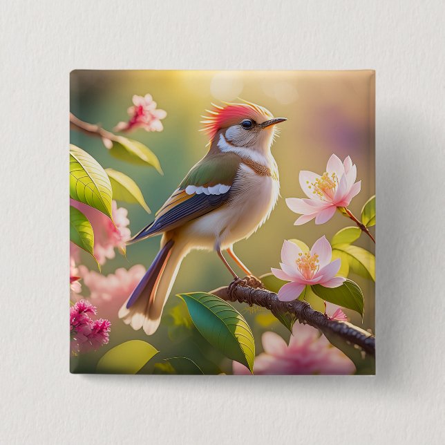 Red Headed Buff Chested Warbler Fantasy Bird 15 Cm Square Badge (Front)