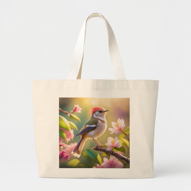 Red Headed Buff Chested Warbler Fantasy Bird Large Tote Bag (Front)