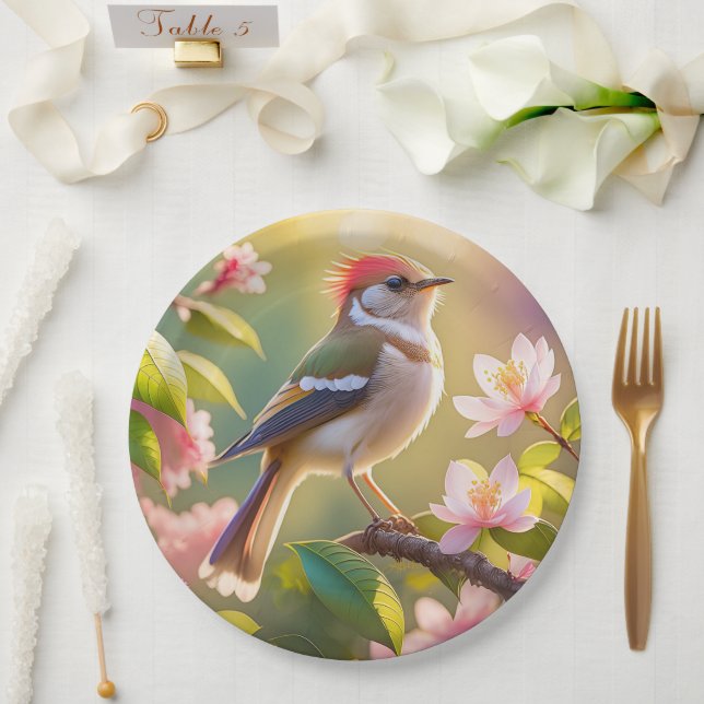 Red Headed Buff Chested Warbler Fantasy Bird Paper Plate (Wedding)