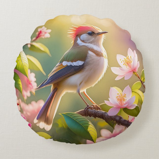 Red Headed Buff Chested Warbler Fantasy Bird Round Cushion (Front)