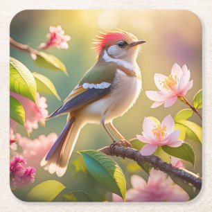 Red Headed Buff Chested Warbler Fantasy Bird Square Paper Coaster