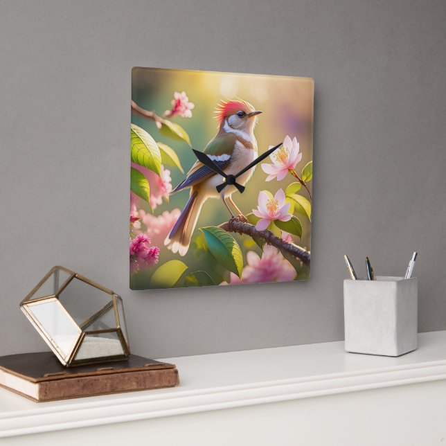 Red Headed Buff Chested Warbler Fantasy Bird Square Wall Clock (Office)