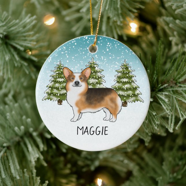 Red Headed Tri Pembroke Corgi Winter Christmas Ceramic Tree Decoration (Tree)