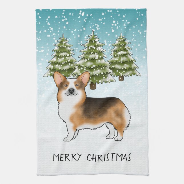 Red Headed Tri Pembroke Corgi Winter Christmas Tea Towel (Vertical)