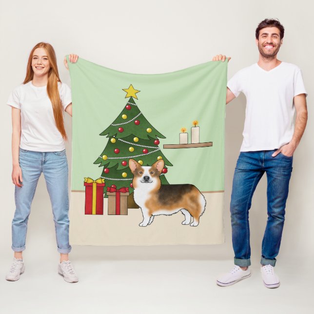 Red Headed Tri Pembroke Welsh Corgi Christmas Tree Fleece Blanket (In Situ)