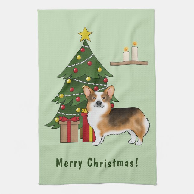 Red Headed Tri Pembroke Welsh Corgi Christmas Tree Tea Towel (Vertical)