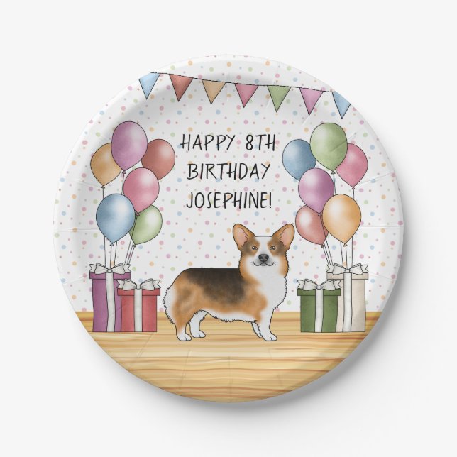 Red Headed Tri Pembroke Welsh Corgi Happy Birthday Paper Plate (Front)