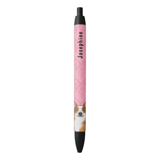 Red Headed Tri Pembroke Welsh Corgi Hearts & Name Black Ink Pen (Front Vertical)