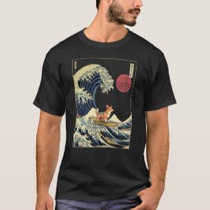 Red Headed Tricolor Corgi Japanese Kanagawa Wave F T-Shirt
