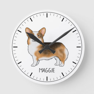 Red Headed Tricolor Pembroke Welsh Corgi And Name Round Clock