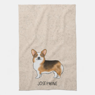 Red Headed Tricolor Pembroke Welsh Corgi With Text Tea Towel