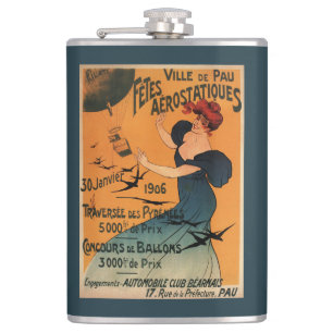 Red-Headed Woman Awaits Balloons Birds Poster Hip Flask