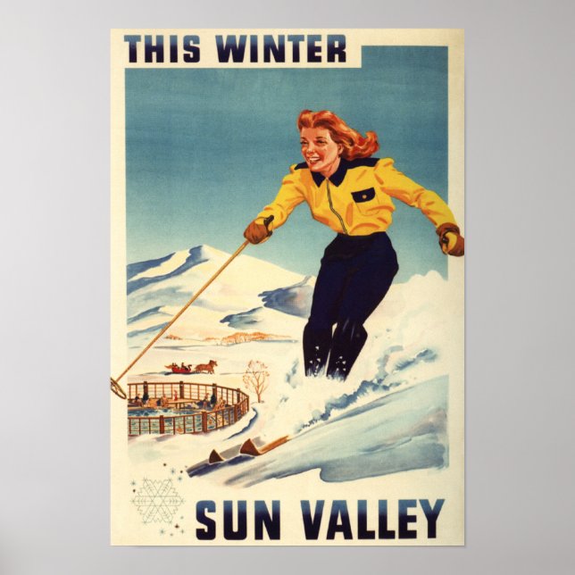 Red-headed Woman Smiling and Skiing Poster (Front)