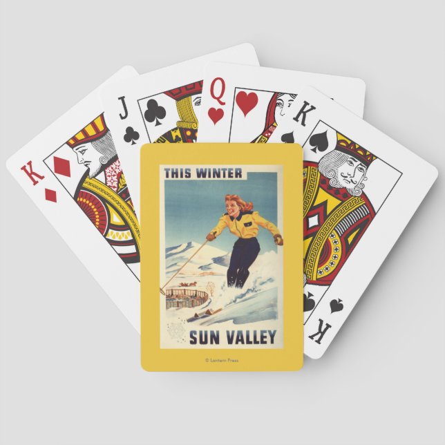 Red-headed Woman Smiling and Skiing Poster Playing Cards (Back)