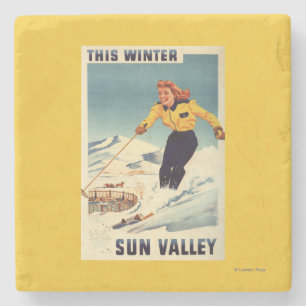 Red-headed Woman Smiling and Skiing Poster Stone Coaster