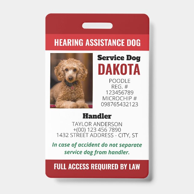 Red Hearing Assistance Dog Logo QR Photo ID Badge (Front)