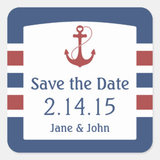 Red Heart Anchor Nautical Save the Date Square Sticker