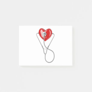 Red heart and a stethoscope post-it notes