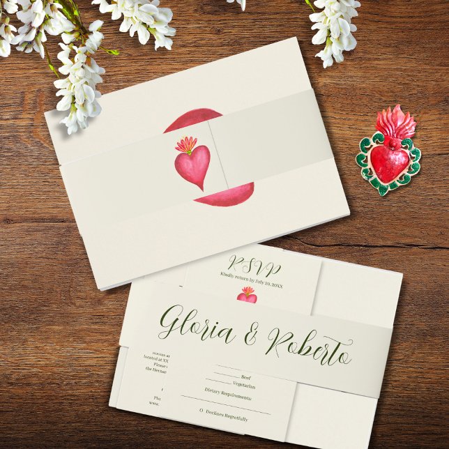 Red Heart And Flower Mexican Wedding Invitation Belly Band (Creator Uploaded)