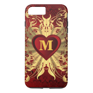 Red heart and gold pattern monogrammed Case-Mate iPhone case