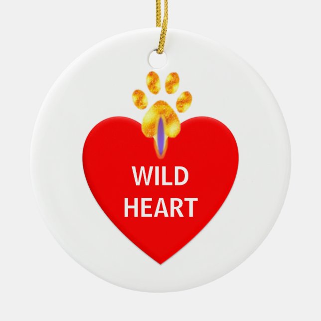 Red heart and golden paw on white Christmas Ceramic Tree Decoration (Front)