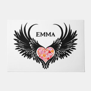 Red heart angel black wings doormat