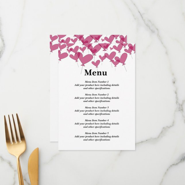 Red heart balloon bouquet unique custom wedding menu (Front/Back In Situ)