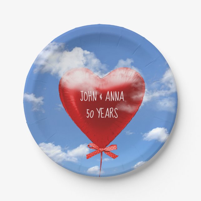 Red heart balloon in clouds for 50th anniversary paper plate (Front)