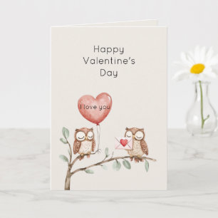 Red Heart Balloon Owls Tree Valentine's Day Card