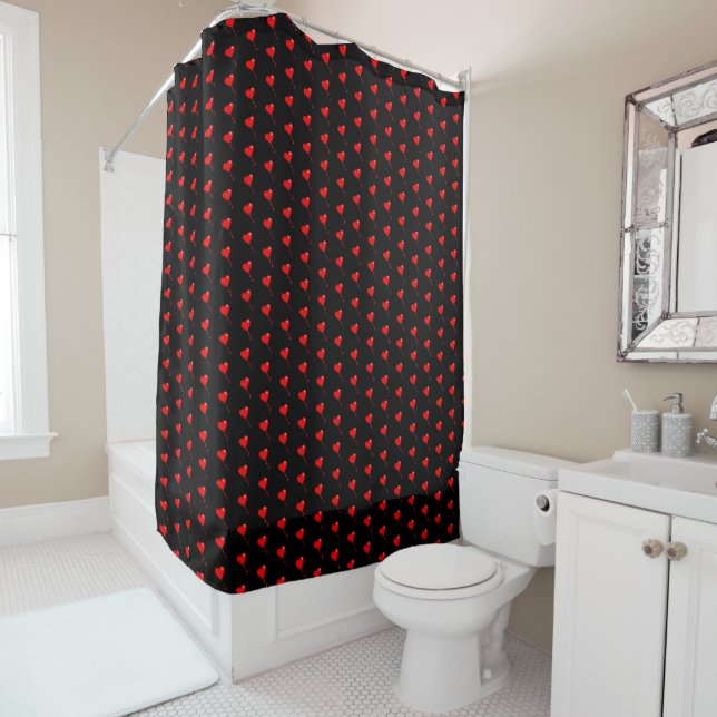 Red Heart Balloon Pattern Black Background Shower Curtain (In Situ)