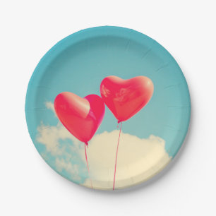 Red Heart Balloons Against Cloudy Sky Paper Plate