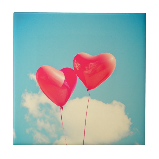 Red Heart Balloons Against Cloudy Sky Tile (Front)