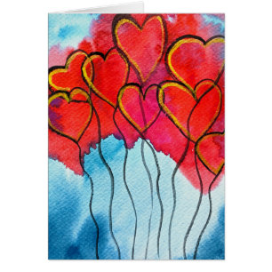 Red heart balloons Valentine watercolor
