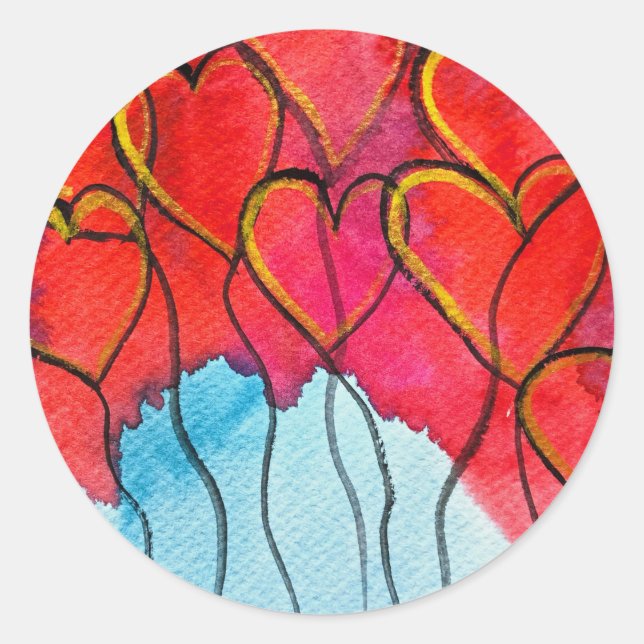 Red heart balloons Valentine watercolor Classic Round Sticker (Front)