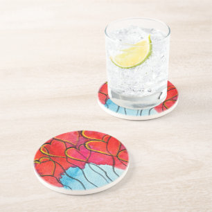 Red heart balloons Valentine watercolor Coaster