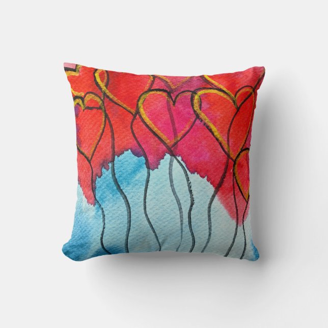 Red heart balloons Valentine watercolor Cushion (Front)