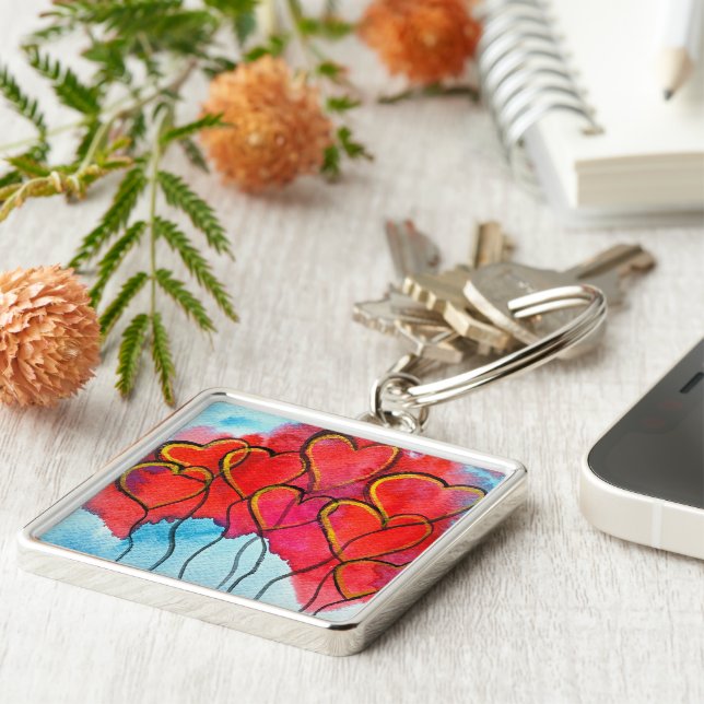 Red heart balloons Valentine watercolor Key Ring (Side)