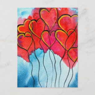 Red heart balloons Valentine watercolor Postcard