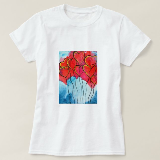 Red heart balloons Valentine watercolor T-Shirt (Design Front)