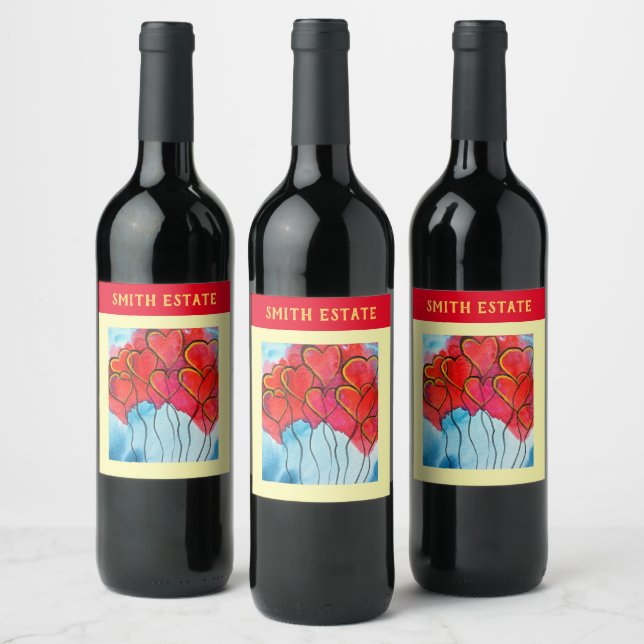Red heart balloons Valentine watercolor Wine Label (Bottles)