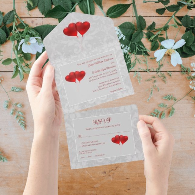 Red Heart Balloons Wedding All In One Invitation (Red Heart Balloons Wedding All in One Invitation)
