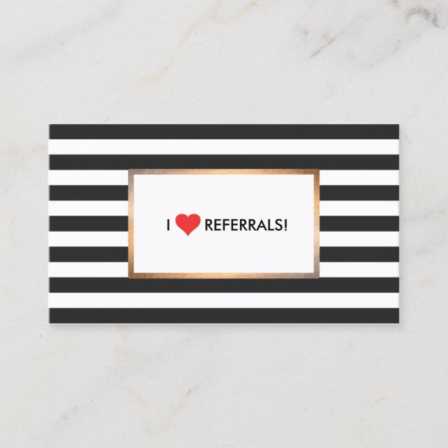 Red Heart Black and White Stripes Salon Referral Card (Front)