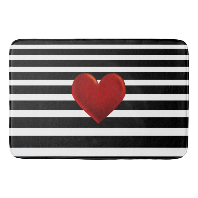 Red Heart Black White Stripes Bath Mat (Front)