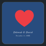 Red Heart Blue Modern Minimalist Wedding Square Sticker<br><div class="desc">You can easily change the fonts and colors. You can also add your logo and the background image as you like.</div>