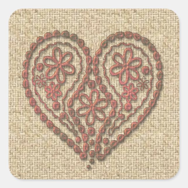 Red heart burlap design stickers (Front)