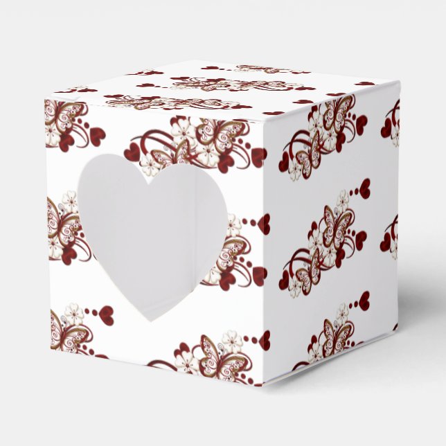 Red Heart Butterflies Pattern Heart Favour Box (Front Side)