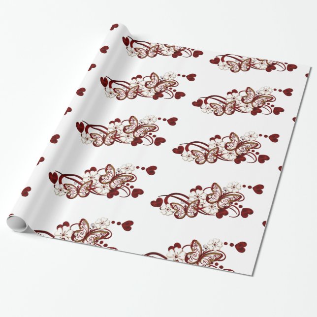 Red Heart Butterflies Pattern Wrapping Paper (Unrolled)