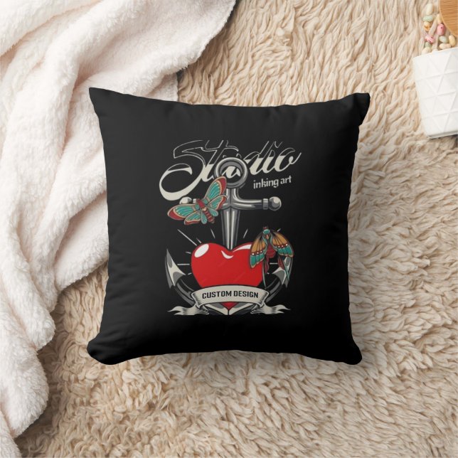 Red Heart & Butterflies Studio Inking Art  Cushion (Blanket)