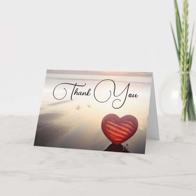 Red Heart by the Ocean Wedding  Thank You Card (Front)